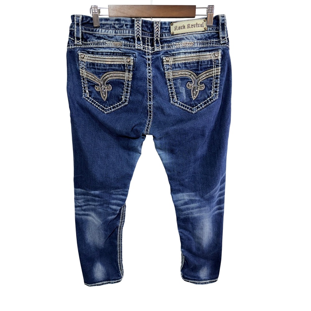 Rock Revival Mel Ankle Skinny Jeans Women's 34 Blue Embellished Boho Cotton